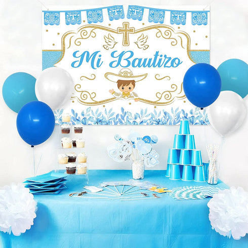78PCS Mi Bautizo Banner Backdrop Blue Balloons Garland Kit for He God Bless Baby Boy Baptism Party Decorations First Communion Decor Christening Celebration Accessories Gender Photo Background Ideas