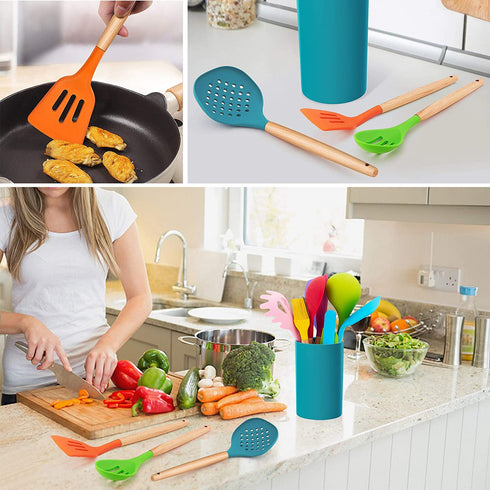 LIANYU 15-Piece Kitchen Silicone Cooking Utensils Set with Holder, Wooden Handle Kitchen Tools Include Spatula Tong Slotted Spoon Turner Whisk Brush, Colorful