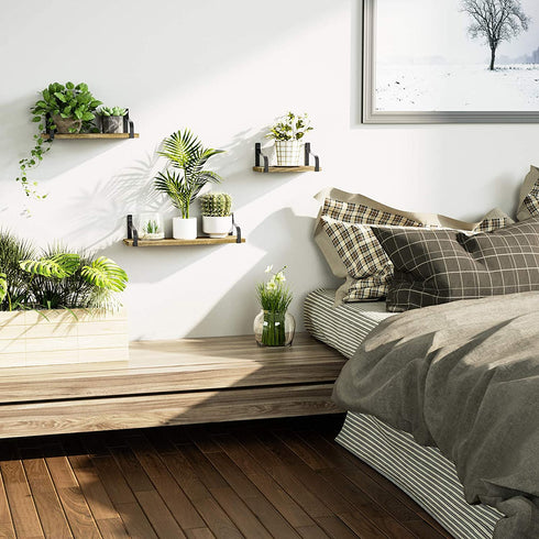 Love-KANKEI Floating Shelves Wall Mounted Set of 3, Rustic Wood Wall Storage Shelves for Bedroom, Living Room, Bathroom, Kitchen, Office and More Carbonized Black