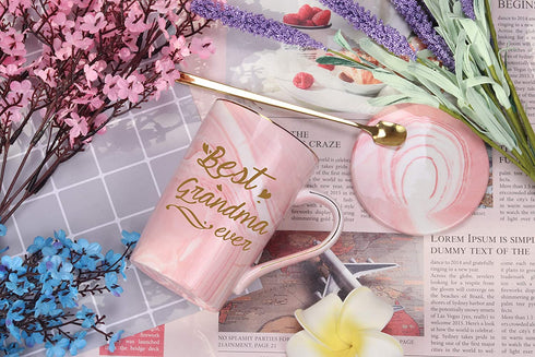 Best Grandma Ever Mug Best Grandma Coffee Mug Grandma Gifts Birthday Mothers Day Gifts for Grandma from Granddaughter Grandson Grandchildren Grandkids 14 Ounce Gift Box with Spoon and Coaster Pink