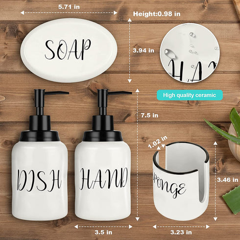 Farmhouse Soap Dispenser Set - Modern Style Ceramic Hand & Dish Liquid Soap Dispenser + Soap Holder + Sponge Holder Perfect for Kitchen and Bathroom Counter Décor