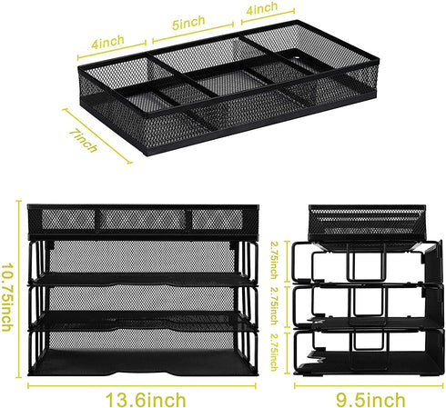 Meshist Paper Letter Tray Organizer, 3 Tier Stackable Desk File Organizer with 3 Shelves and a Sorter, Perfect for Home Office, A Good Gift for Women, Black
