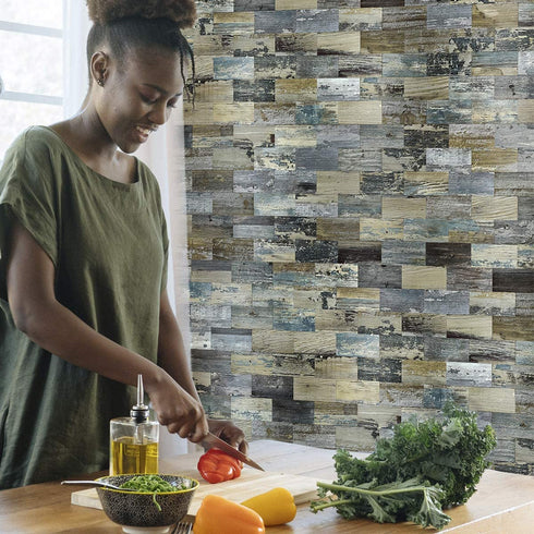 Art3d Peel and Stick Distressed Rustic Wood Panel 5-Pack of 13.5x11.4inches, for Kitchen Backsplash, Bathroom Decoration, Fireplace and Stair Riser Decal, Made of PVC Composite Laminate