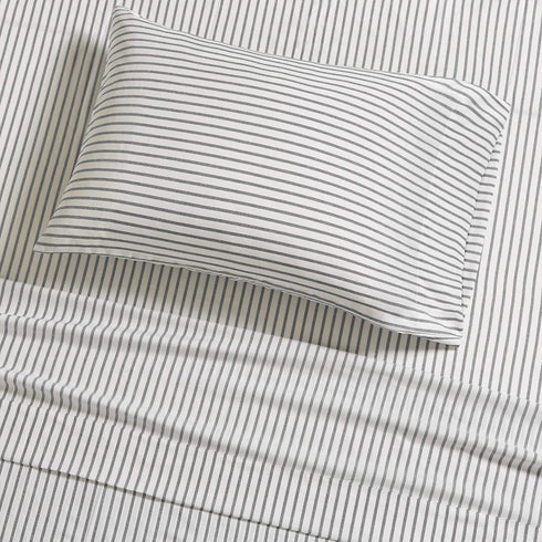 Madison Park Essentials Chambray Printed ultra soft 4 piece sheet set, Grey Stripe, Queen