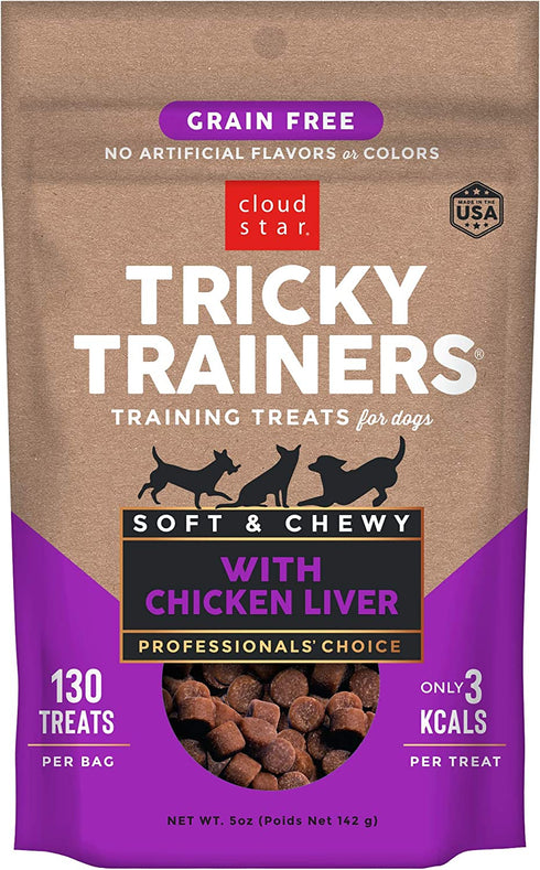 Cloud Star Tricky Trainers Chewy & Grain Free, Low Calorie Dog Training Treats, Baked in the USA, Liver 5 oz.