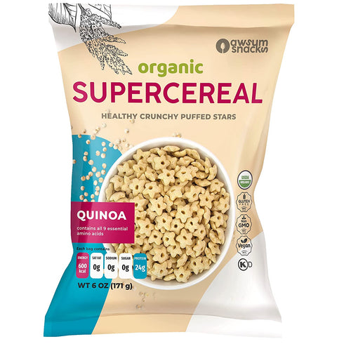Awsum Snacks Quinoa SUPERCEREAL 6oz bag - Vegan Gluten Free & Sugar Free Cereals - Diabetic Kosher Healthy Snack - One Ingredient Cereal Puffed Quinoa Plain