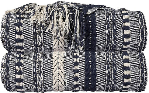 Soft Boho Throw Blankets - Warm and Cozy Home Decor Pure Cotton Woven Stripe Blanket with Fringe for Sofa and Couch, Everyday Use Navy Blue - 60 x 50 Inches
