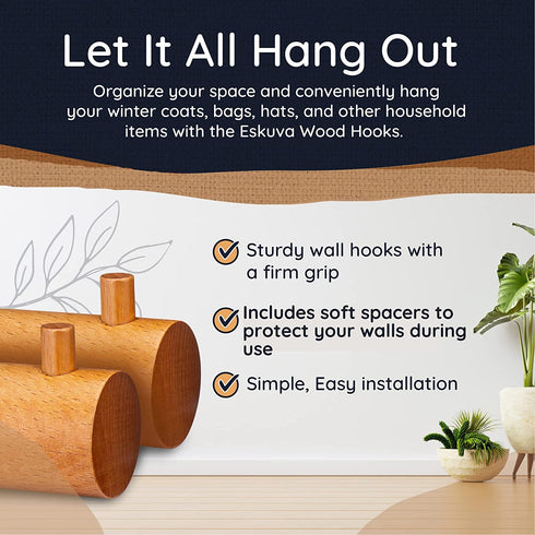 ESK?VA Beech Wood Wall Hooks 5 Pack - 3 Inch Coat Hooks Hat Rack for Wall - Wooden Wall Hooks for Hanging Towels Heavy Duty - Backpack Hanger Key Hooks Wall Mounted Decorative Design