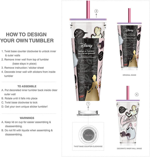 Zak Designs Design-A-Tumbler Disney Princess Cinderella Kids DIY Sticker Tumbler with Straw and Double-Wall Insulation, BPA free, 16 OZ