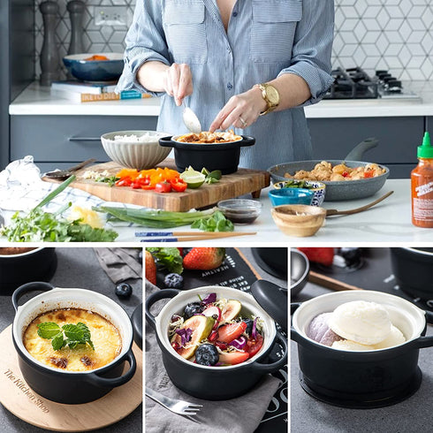 Ramekin with Lid, vancasso 6 Oz Creme Brulee Ramekins Bowls, Porcelain Soufflé Dishes Set of 4 Oven Safe for Baking, Small Ceramic Casserole Dish with Cover and Handle for Cake, Dessert, Black