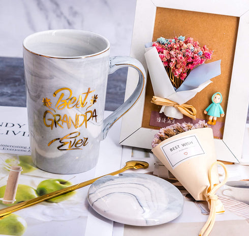 Mugpie Grandpa Gifts Coffee Mug- Funny Father's Day Gifts Birthday Christmas Presents for Grandpa from Son Daughter Kids Wife -Novelty 12.5oz Gray Tall Marble Ceramic Coffee Cup +Gifts Box