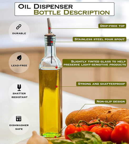 EHOMEA2Z Italian Glass Oil And Vinegar Cruet 16 Oz, Olive Oil Dispenser With Stainless Steel Spout, Slight Green Tint (2, 16 oz)
