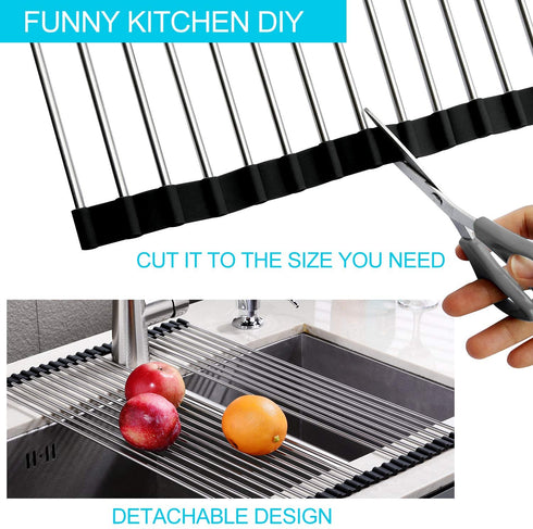 SunCleanse 17.8L—15W Roll Up Dish Drying Rack, Large Over Sink Dish Drying Rack Drainer, Multi-Use Stainless Steel Foldable Dish Rack for Kitchen Sink Countertop, Black