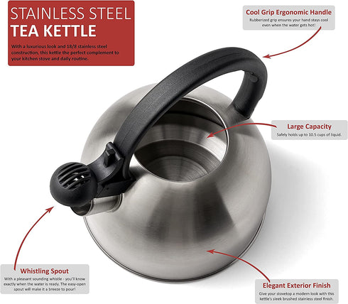 Diamond Home 2.5 Liter Stainless Steel Whistling Tea Kettle - Modern Stainless Steel Whistling Tea Pot for Stovetop with Cool Grip Ergonomic Handle - Silver