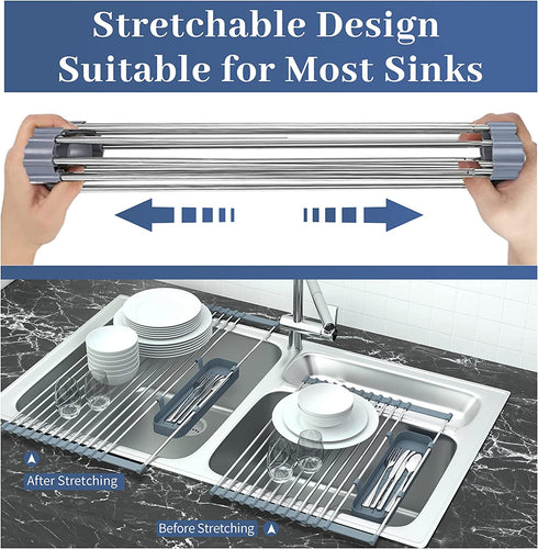 Kitsure Expandable Roll-Up Dish Drying Rack for Kitchen with Adjustable Length Design(12.75-23in), Collapsible Over-The-Sink Dish Drying Rack with Space-Saving Design, Rolling Rack for Sink