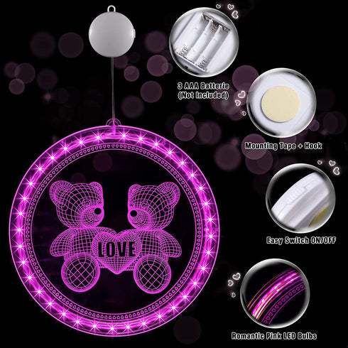 3D Illusion Lamp Night Light, 7.9 Inch Pink Window Decorations Lights with Suction Cup Hooks, Nightlight Bedside Lamps Bedroom Home Decoration for Kids Boys & Girls Women Birthday Gifts