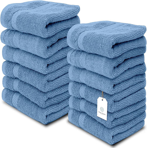 White Classic Luxury Cotton Washcloths - Large Hotel Spa Bathroom Face Towel | 12 Pack | Light Blue