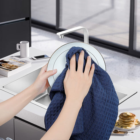 Homaxy Premium Microfiber Waffle Weave Kitchen Towels, 16 x 28 Inch Ultra Absorbent and Solid Color Dish Towels, 4 Pack, Navy Blue