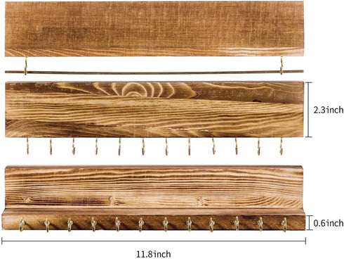 Jewelry Organizer Wall Mounted Set of 3, Wood Hanging Jewelry Organizer Holder with Removable Bracelet Rod and 24 Hooks, Display for Hanging Rings, Earrings, Necklace Holder (Rustic brown)€¦