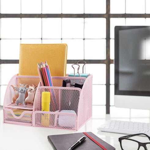 Desk Organizer Office Accessories, Multi-Functional Mesh Desk Organizer with 6 Compartments and 1 Drawer for Home, Office, School, Workshop, kitchen (Pink)