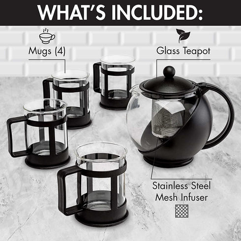 Primula Half Moon Teapot Set with 4 Tea Cups, Removable Infuser, Borosilicate Glass Tea Maker, Stainless Steel Filter, Dishwasher Safe, 40-Ounce, Tea Gift Set, Tea Set for Service of 4 Adults