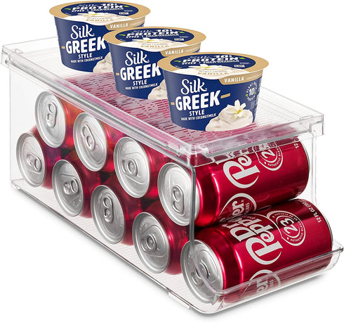 Set of 2 Stackable Refrigerator Organizer Bins Pop Soda Can Dispenser Beverage Holder for Fridge, Freezer, Kitchen, Countertops, Cabinets - Clear Plastic Canned Food Pantry Storage Rack Holds 9 Cans