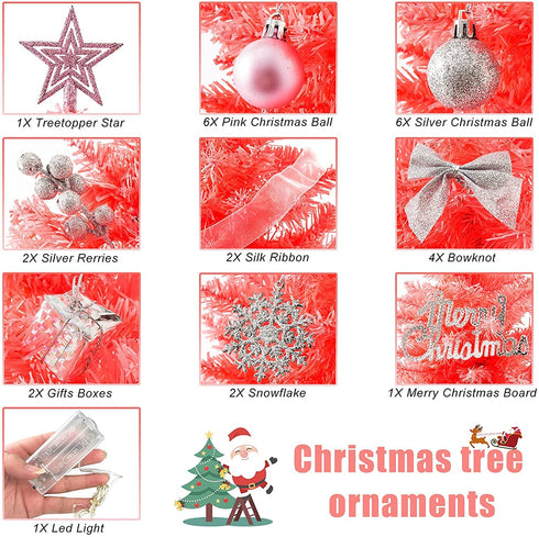 20'/50cm Mini Pink Christmas Tree,Artificial Small Christmas Tree with Led Lights/Ornaments, Tabletop Christmas Tree for Kids Christmas Decoration Gifts(Pink)
