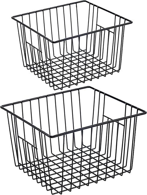 iPEGTOP Deep Refrigerator Freezer Baskets, Large Household Wire Storage Basket Bins Organizer with Handles for Kitchen, Pantry, Freezer, Cabinet, Closets, Black, Set of 2
