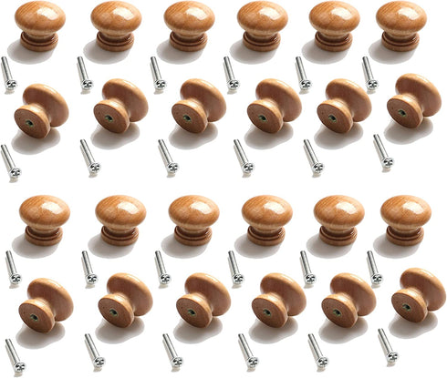 24 PCS Round Wood Drawer Knob with Screws Wooden Finish Furniture Cabinet Closet Dresser Pull Handles(33mm Diameter,26mm Overall Height)