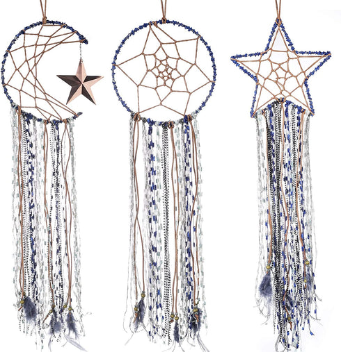 Jetec 3 Pieces Dream Catcher Moon Sun Star Design Blue Handmade Modern Dreamcatcher for Wall Hanging Home Decoration