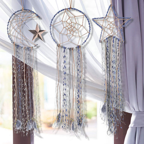 Jetec 3 Pieces Dream Catcher Moon Sun Star Design Blue Handmade Modern Dreamcatcher for Wall Hanging Home Decoration
