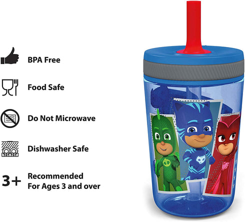 Zak Designs Kelso Tumbler 2pc Set, Leak-Proof Screw-On Lid with Straw Made of Durable Plastic and Silicone, Perfect Bundle for Kids, 15 oz, PJ Masks Catboy Owlette Gekko