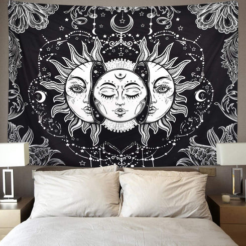 Likiyol Sun and Moon Tapestry Burning Sun with Star Tapestry Psychedelic Tapestry Black and White Mystic Tapestry Wall Hanging