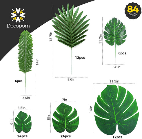Decopom Palm Leaves Artificial Tropical Monstera-84Pcs 6 Kinds Large Small Green Fake Palm Leaf with Stems for Safari Jungle Hawaiian Luau Party Table Decoration Wedding Birthday Theme Party