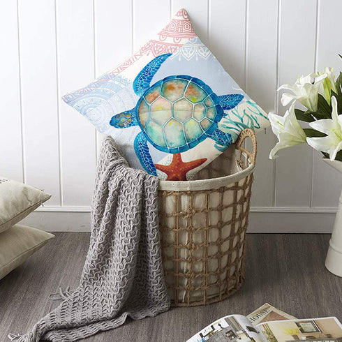 Hexagram Ocean Theme Summer Pillow Covers 18 x 18 Inch Set of 4 Blue Sea Turtle Beach Pattern Soft Linen Throw Pillow Cover Cushion Case for Couch Sofa Living Room Indoor Outdoor Home Decor