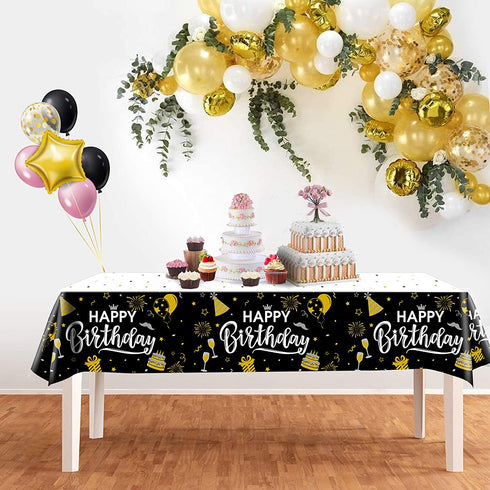 Happy Birthday Decorations, 6pcs Black and Gold Birthday Tablecloth for Men Women, Plastic Disposable Rectangle Table Cover for 90th 80th 70th 60th 50th 40th 30th Birthday Party Decor- 54" x 108"