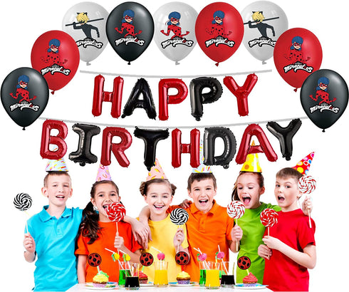 VISION Licensed Miraculous Party Supplies Ladybug Balloons 25 Pcs | Red Black Happy Birthday Banner Set For Miraculous Kids Theme Birthday Party