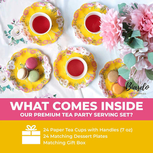 2 x 24 PACK Biasdo Paper Tea Party Decorations, 24 Drink Cups with Handles and Matching Dessert Saucer Plates for Baby and Bridal Shower Decor, Birthday Party, Event Hosting, Bright Yellow