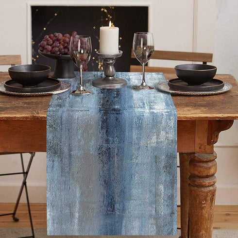 Emvency Cotton Burlap Farmhouse Style Table Runner, Abstract Art Painting Denim Blue Table Runners for Kitchen Coffee Table Family Dinners Holiday Parties Wedding Events Decor(13x72 inch)
