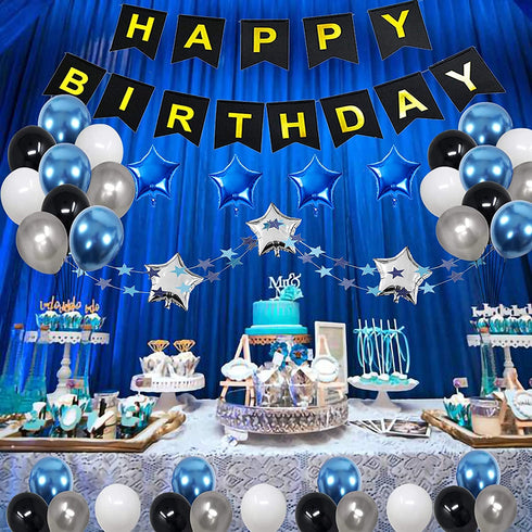 25th Birthday Decorations for Men Women Boy Girl,Blue Black Birthday Party Supplies with 25 Silver Number Balloon Happy Birthday Banner for 25th and 52nd Birthday Party
