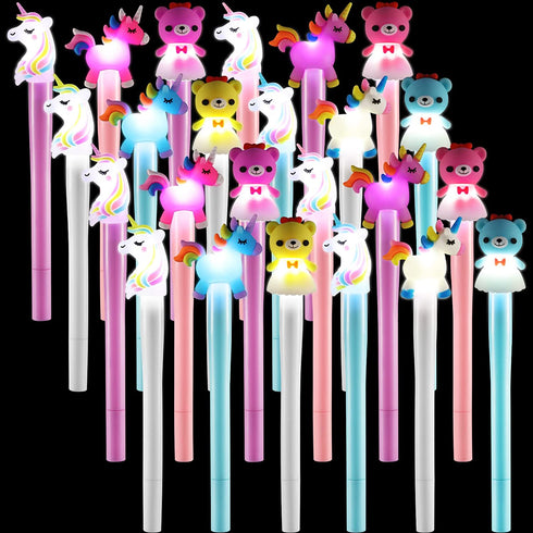 24 Pieces LED Cartoon Animal Pens Unicorn Bear Flashing Gel Ink Pens Light up Glow in The Dark Pen Flashing Toys Party Favors Christmas Stocking Stuffer for Goodie Bags Birthday Office School Supplies