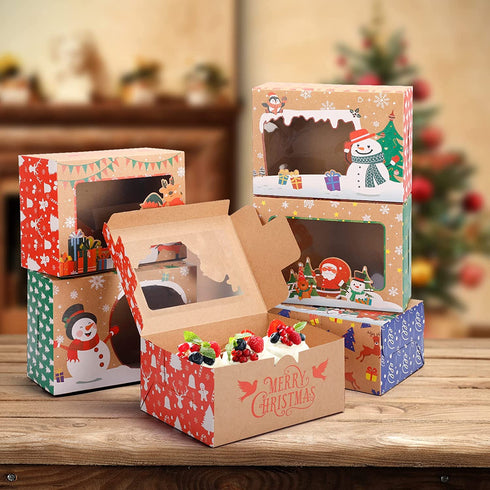 24 Pack Christmas Cookie Boxes for Gift Giving Christmas Bakery Box with Window Large Kraft Holiday Baking Box with Lids for Pastries Treat Cupcakes Dessert Candy 8.3 x 5.9 x3.7 Inch by Superlele