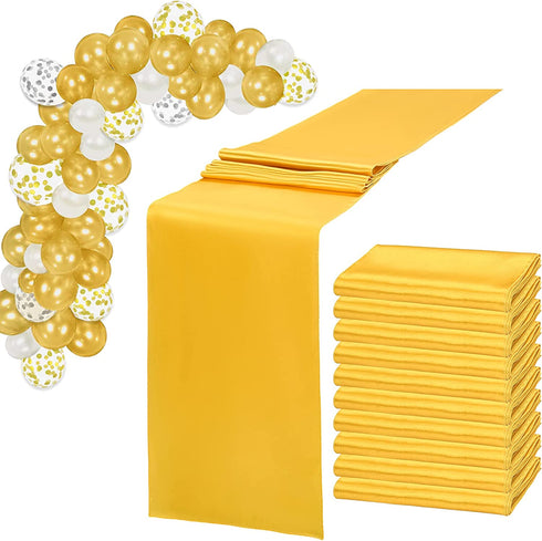 10 Pack Satin Table Runner for Wedding 12 x 108 Inch Gold Silky Wedding Table Runner for Rectangle Round Tables with 60 Pack Balloons for Thanksgiving Day Birthday Party Banquet Engagements Decoration