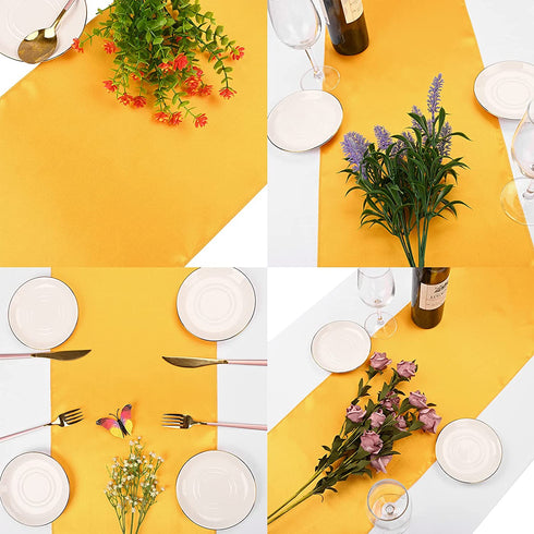 10 Pack Satin Table Runner for Wedding 12 x 108 Inch Gold Silky Wedding Table Runner for Rectangle Round Tables with 60 Pack Balloons for Thanksgiving Day Birthday Party Banquet Engagements Decoration