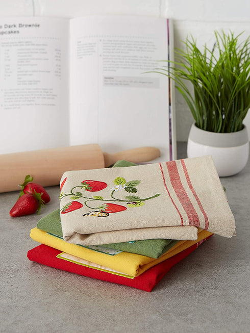 DII Cotton Embellished Dish Towels, 18x28 Set of 4, Decorative Oversized Kitchen Towels, Perfect Home and Kitchen Gift-Strawberry Patch