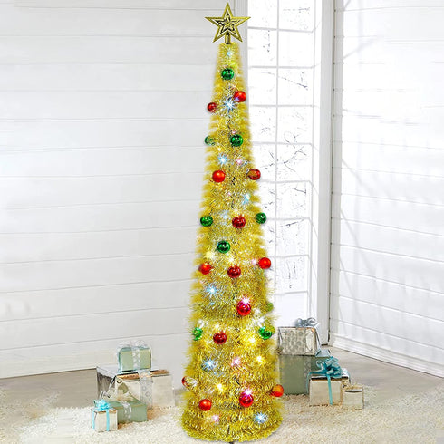 Joliyoou Artificial Christma Tree with Light, 5 FT Collapsible Tinsel Pop Up Christmas Tree with Christmas Balls & Tree Topper Battery Operated 48 LED Multi Colored Lights, Not Pre-lit (Golden)