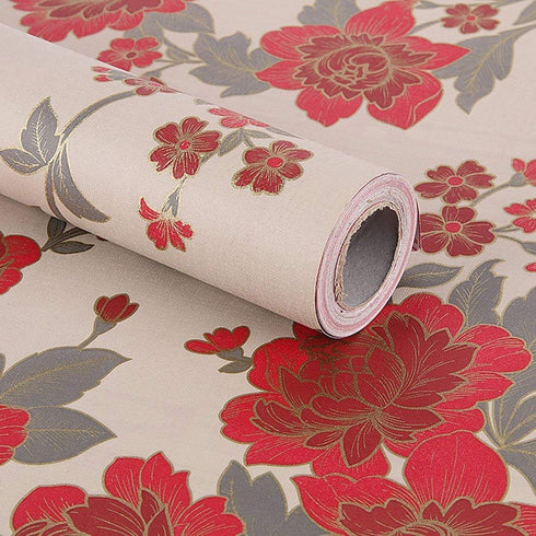 Red Vintage Floral Pattern Contact Paper Shelf Liner Self Adhesive for Cabinets Shelves Drawer Arts and Crafts Decal 17.7x78.7 Inches