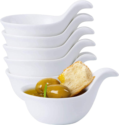 Bruntmor Matte Glazed Set Of 6 Side Dish Porcelain Dip Bowl Set with Handle, for Soy Sauce, Ketchup, Appetizer, For BBQ and Dinner, 3 ounce, White