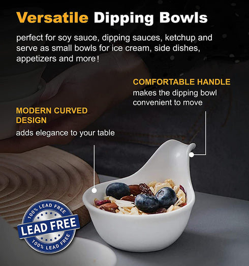 Bruntmor Matte Glazed Set Of 6 Side Dish Porcelain Dip Bowl Set with Handle, for Soy Sauce, Ketchup, Appetizer, For BBQ and Dinner, 3 ounce, White