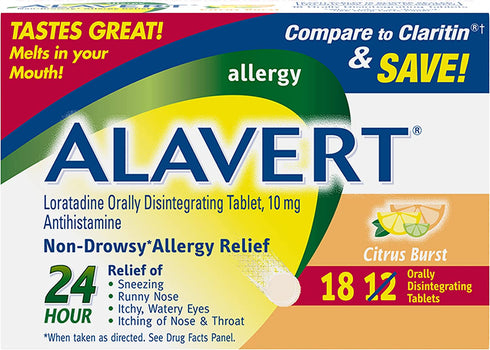 Alavert Allergy 24 Hour Relief, Citrus Burst Flavor, Orally Disintegrating Allergy Tablets, Non-drowsy Antihistamine, Loratadine 10mg, 18 Count